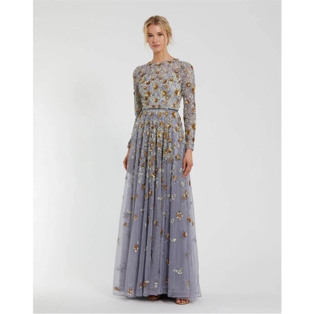 Mac Duggal 5533 Platinum Gold Embellished High Neck Long Sleeve A Line Gown 16